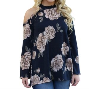 Chicsoul Women's Floral Print knit Cold Shoulder Sweater Plus Size 2XL